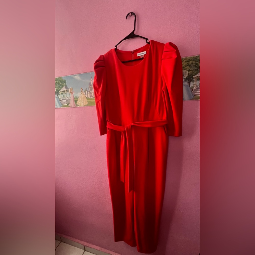Red Calvin Klein Long Sleeves Jumpsuit.